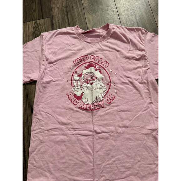 Tops - Girly Pink Santa Graphic Tee - Keep Calm and Merry On Size Large